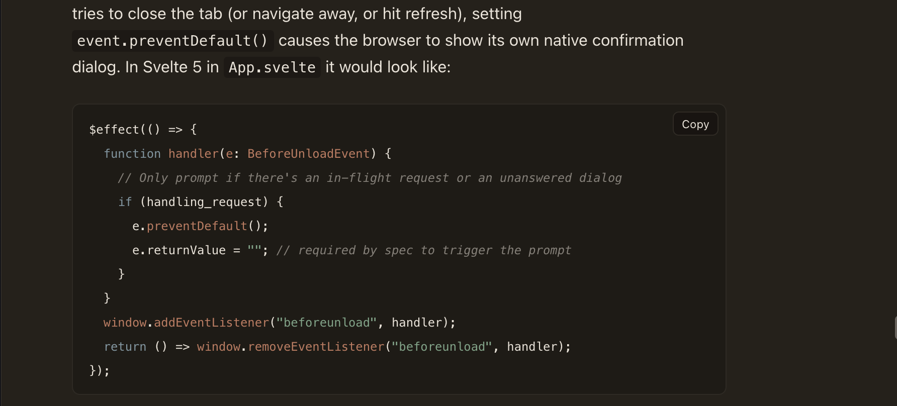 A syntax-highlighted code block with the copy button visible on hover
