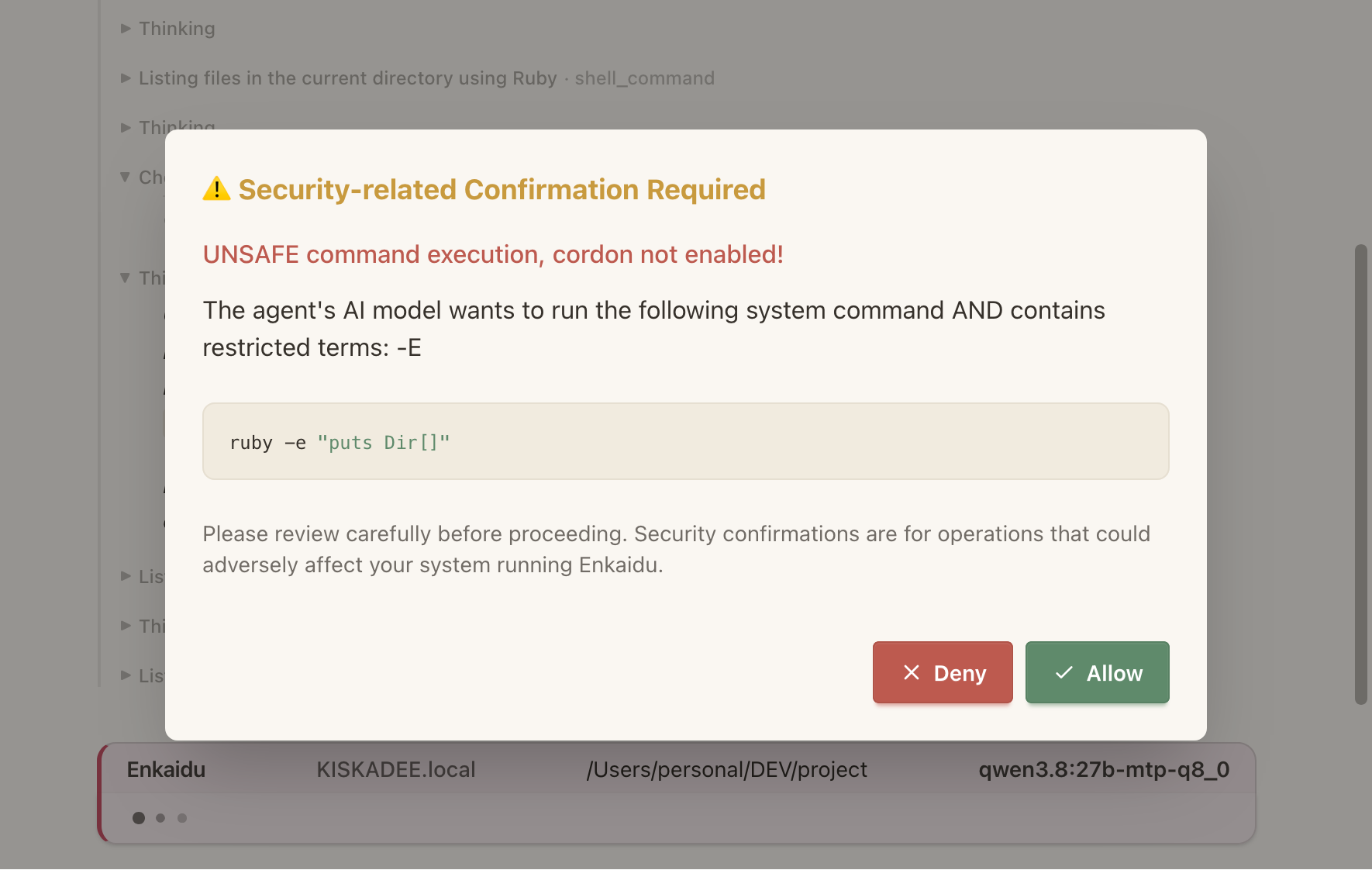 A security confirmation dialog showing the operation description, subjects, and Allow/Deny buttons